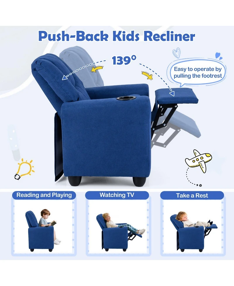 Sugift Kids Push-Back Recliner Armchair with Retractable Footrest and Cup Holder