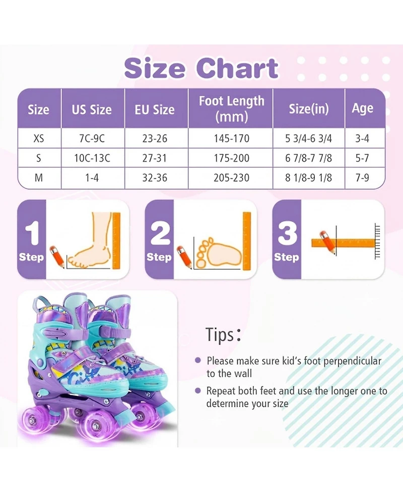 Hongge 4-Size Adjustable Light-Up Wheels Kids Roller Skates, Ages 7+