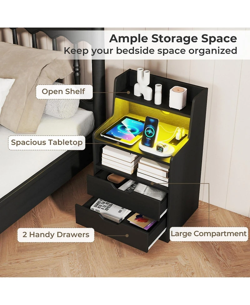 Sugift Led Nightstand with Rgb Lighting Charging Station and 2 Drawers