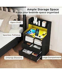 Sugift Led Nightstand with Rgb Lighting Charging Station and 2 Drawers