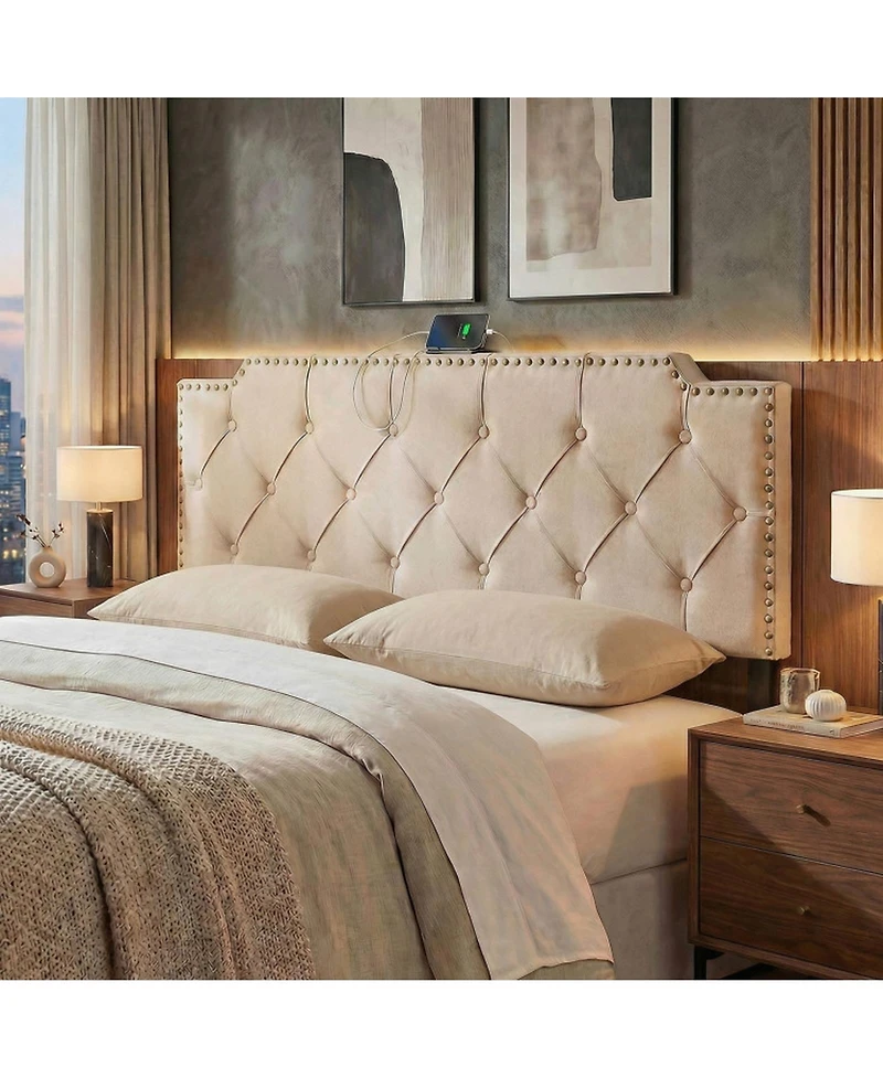 Sugift Rivet Tufted Upholstered Headboard for Full and Queen Bed with Charging Ports