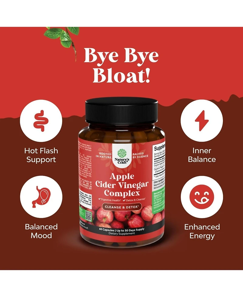 Nature's Craft Apple Cider Vinegar Capsules - Acv Supplement for Gut and Digestive Health with Cayenne - Extra Strength Acv Capsules