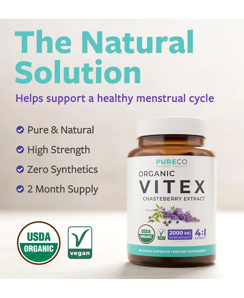 Pure Co Vitex Chasteberry Supplement for Women - High Strength Chaste Tree Berry Extract for Hormone Balance from Pms to Menopause