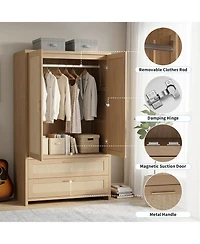 homfan 71" Tall Boho Rattan Wardrobe with Hanging Rod and Drawers,Light Oak Finish