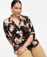 I.n.c. International Concepts Plus Floral-Print Johnny Collar Long-Sleeve Blouse, Macy's Exclusive