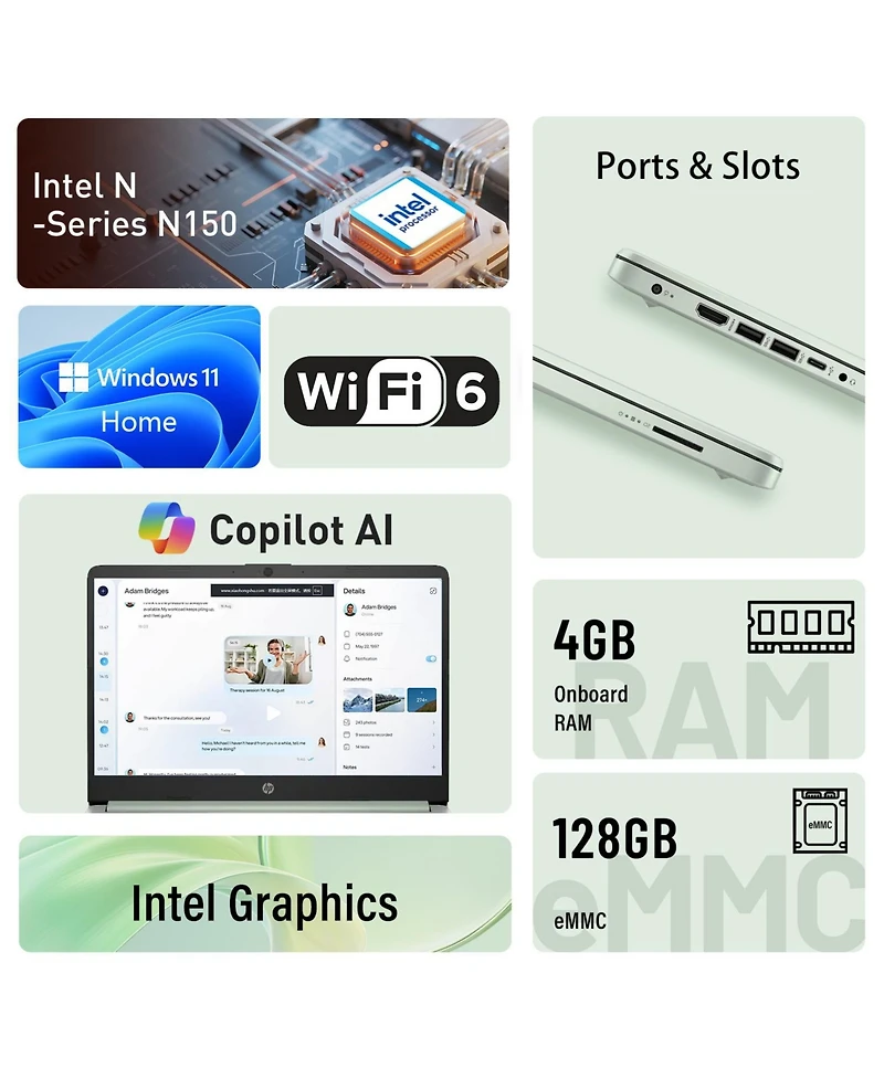 Hp Essential 14" Hd Laptop, Intel N-Series N150, Intel Graphics, 4GB Ram, 128GB eMMC, Wi-Fi 6, Windows 11 Home