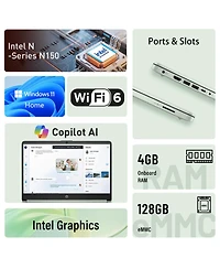 Hp Essential 14" Hd Laptop, Intel N-Series N150, Intel Graphics, 4GB Ram, 128GB eMMC, Wi-Fi 6, Windows 11 Home