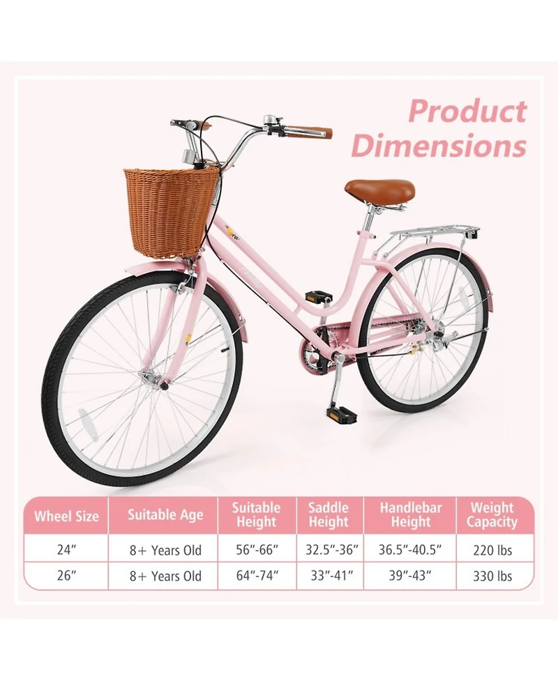 Hongge 26-Inch Beach Cruiser Bike with Woven Basket Rear Rack and Cushioned Spring Seat