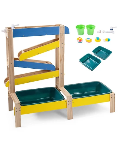 Hongge 3-in-1 Toddler Splinter-Free Fir Wood Dual-Basin Sand and Water Table, Ages 3+