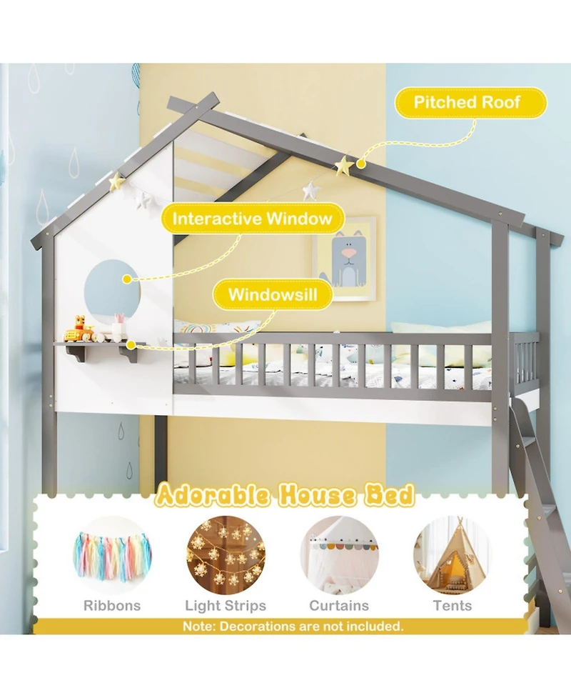 Sugift Twin House Bunk Bed with Roof Ladder and Full-Length Guardrails