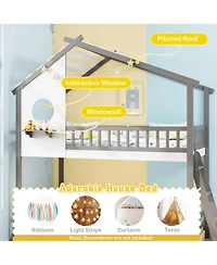 Sugift Twin House Bunk Bed with Roof Ladder and Full-Length Guardrails