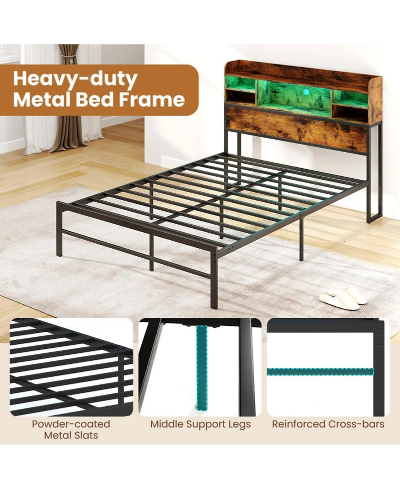 Sugift Metal Platform Bed with Led Headboard and Charging Station