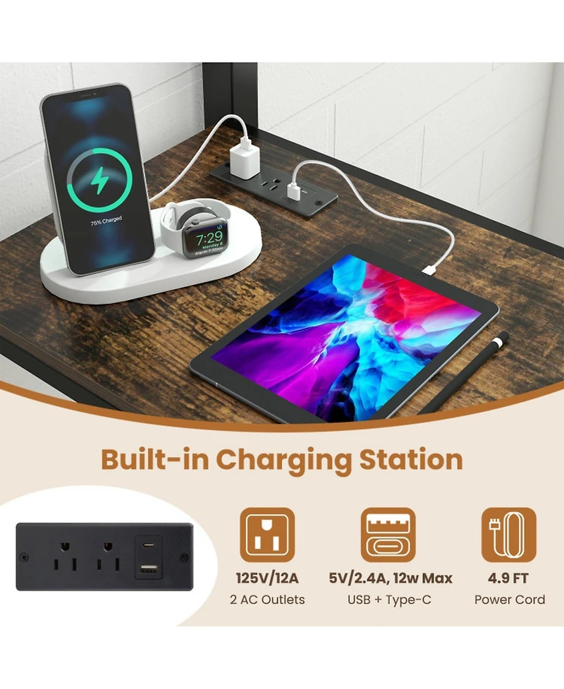 Sugift Twin Size Metal Loft Bed with Desk Led Lights and Charging Station