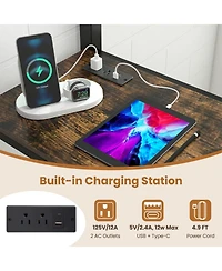 Sugift Twin Size Metal Loft Bed with Desk Led Lights and Charging Station