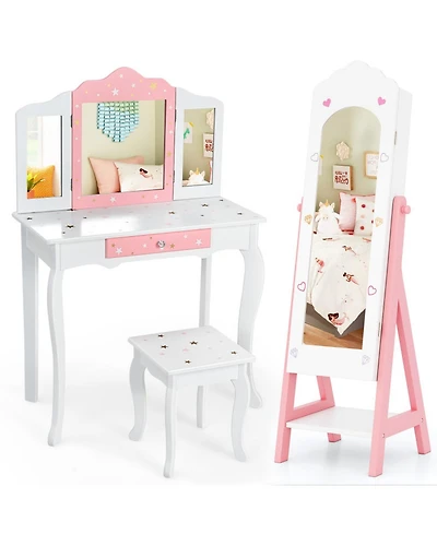 Sugift Kids 2-Piece Vanity Table Set and Standing Jewelry Armoire with Full-Length Mirror