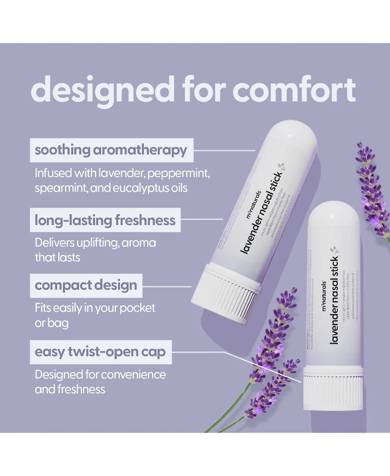 M3 Naturals Lavender Aromatherapy Nasal Inhaler Sticks with Mint, Orange, Lemon and Eucalyptus Oils, 4 Pack