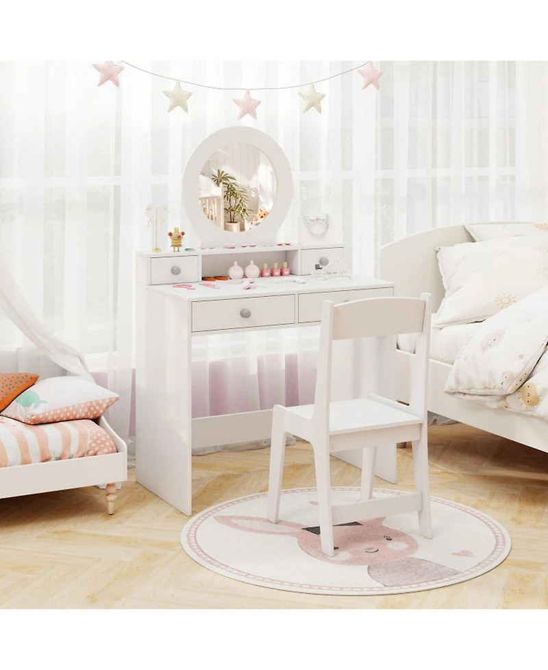 Sugift Kids Princess Vanity Desk and Chair Set with Mirror and Storage Drawers