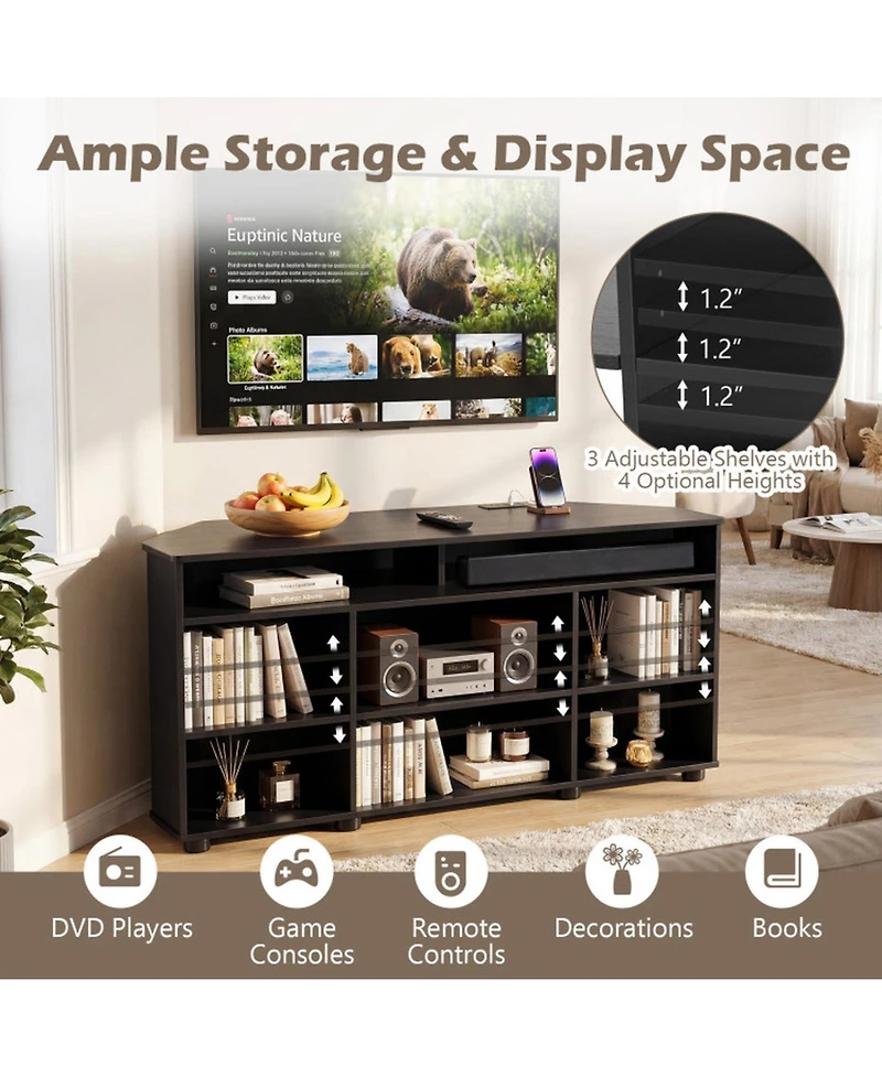 Sugift Corner Entertainment Center Tv Stand with Charging Station and Adjustable Shelves