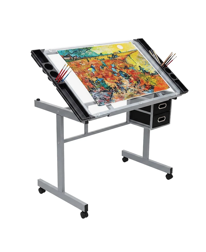 homfan Adjustable Glass Drafting Desk with Wheels and Storage Drawers, 0-65degree(s) Tilting Art Table for Home Office