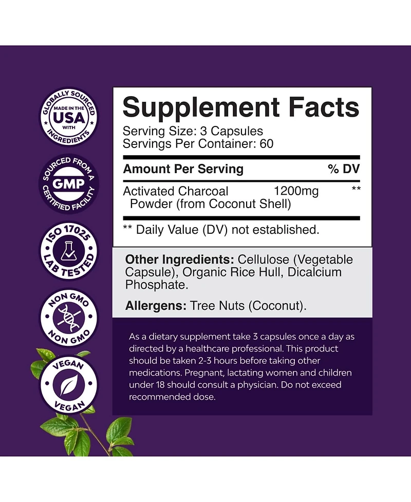 Nature's Craft Activated Coconut Charcoal Capsules, 1200 mg Per Serving, 180 Capsules