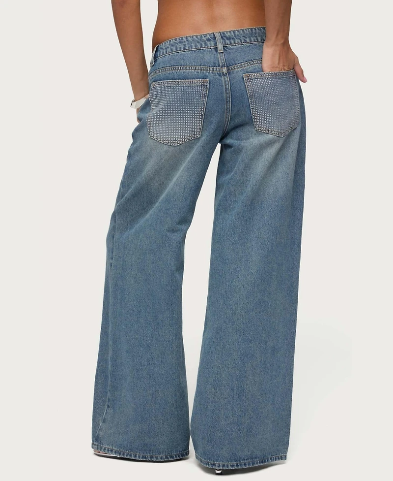 Edikted Women's Low-Rise Wide-Leg Rhinestone Jeans, 32" Inseam