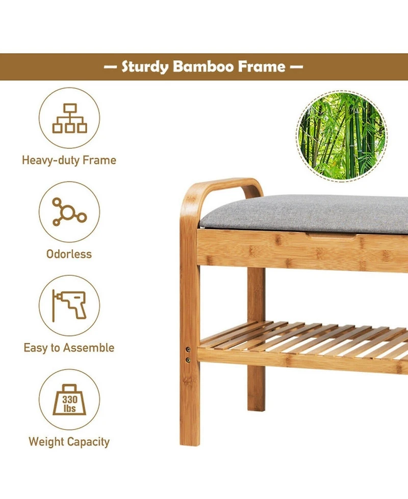 Sugift Bamboo Shoe Rack Bench with Cushioned Seat and Lower Storage Shelf