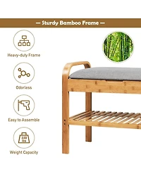 Sugift Bamboo Shoe Rack Bench with Cushioned Seat and Lower Storage Shelf