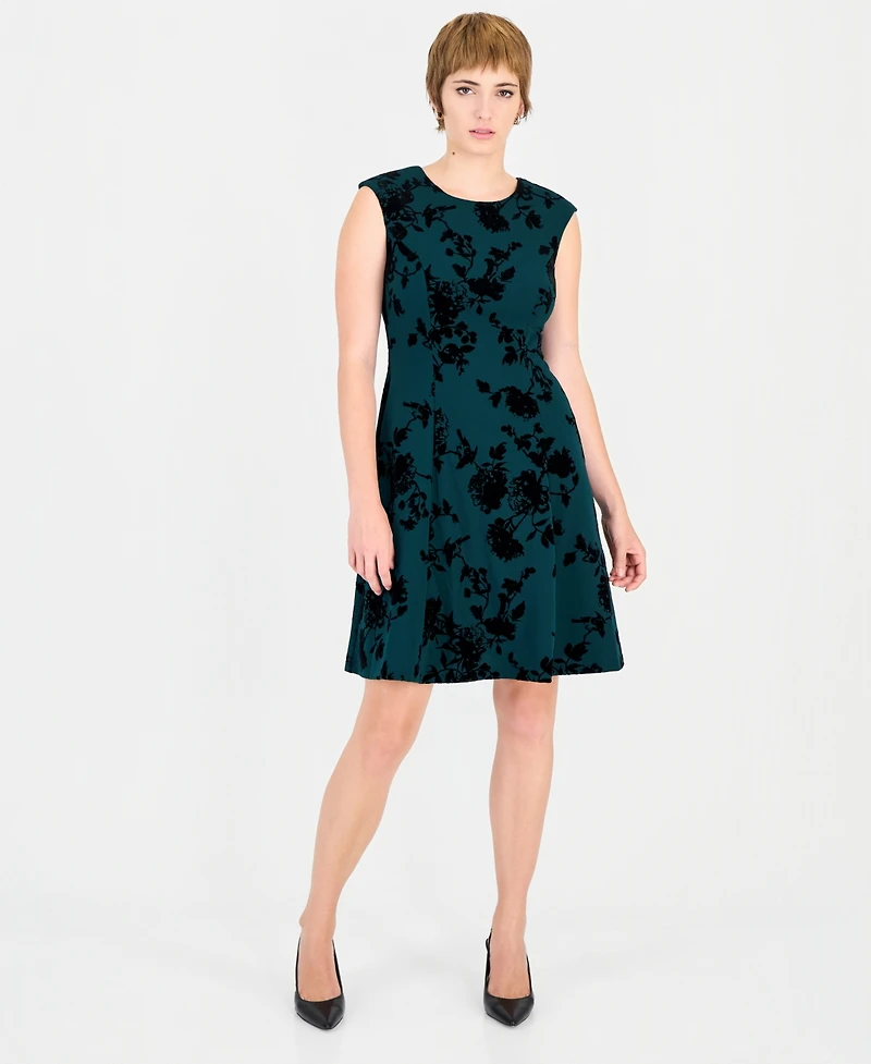 Connected Women's Velvet-Floral A-Line Crewneck Dress