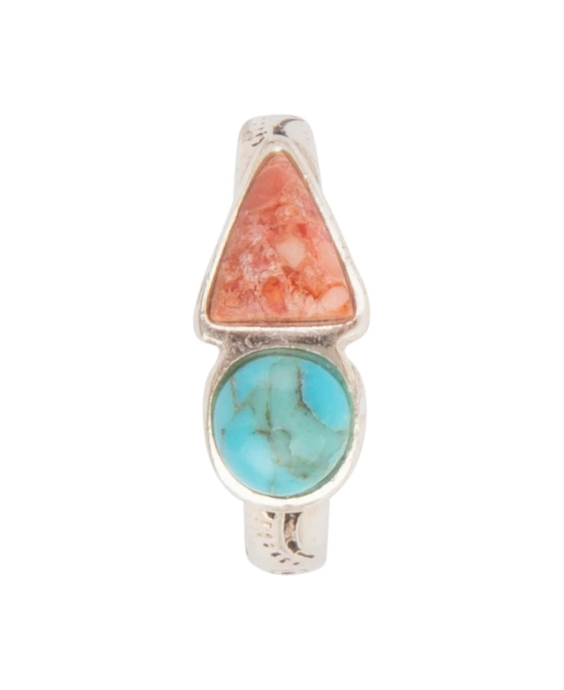 Barse Blue Turquoise and Orange Coral Duo Silver Ring