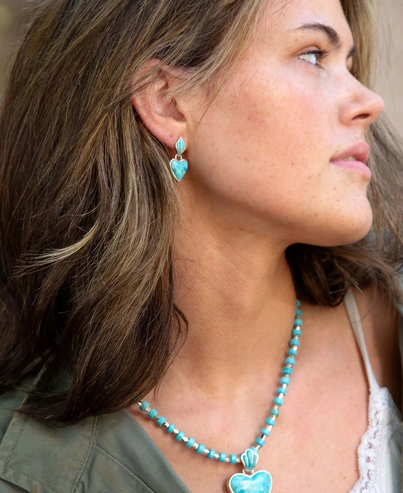 Barse Blue Turquoise Heart Silver Drop Post Earrings
