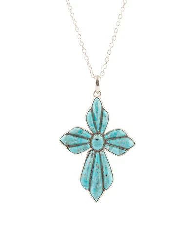 Barse Blue Turquoise Cross Pendant Silver Necklace
