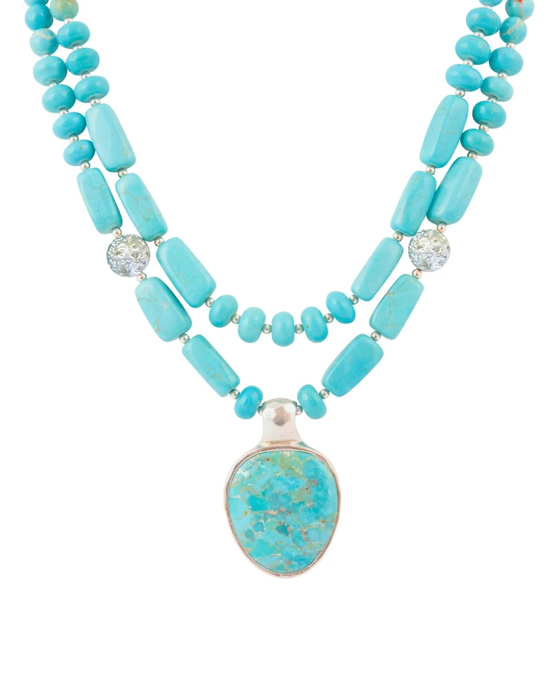 Barse Double Stranded Blue Turquoise Silver Statement Pendant Necklace