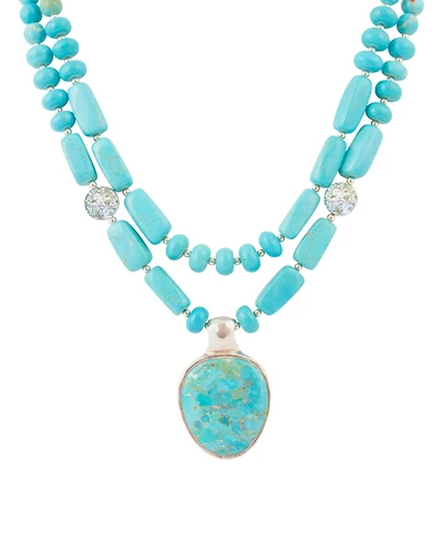 Barse Double Stranded Blue Turquoise Silver Statement Pendant Necklace