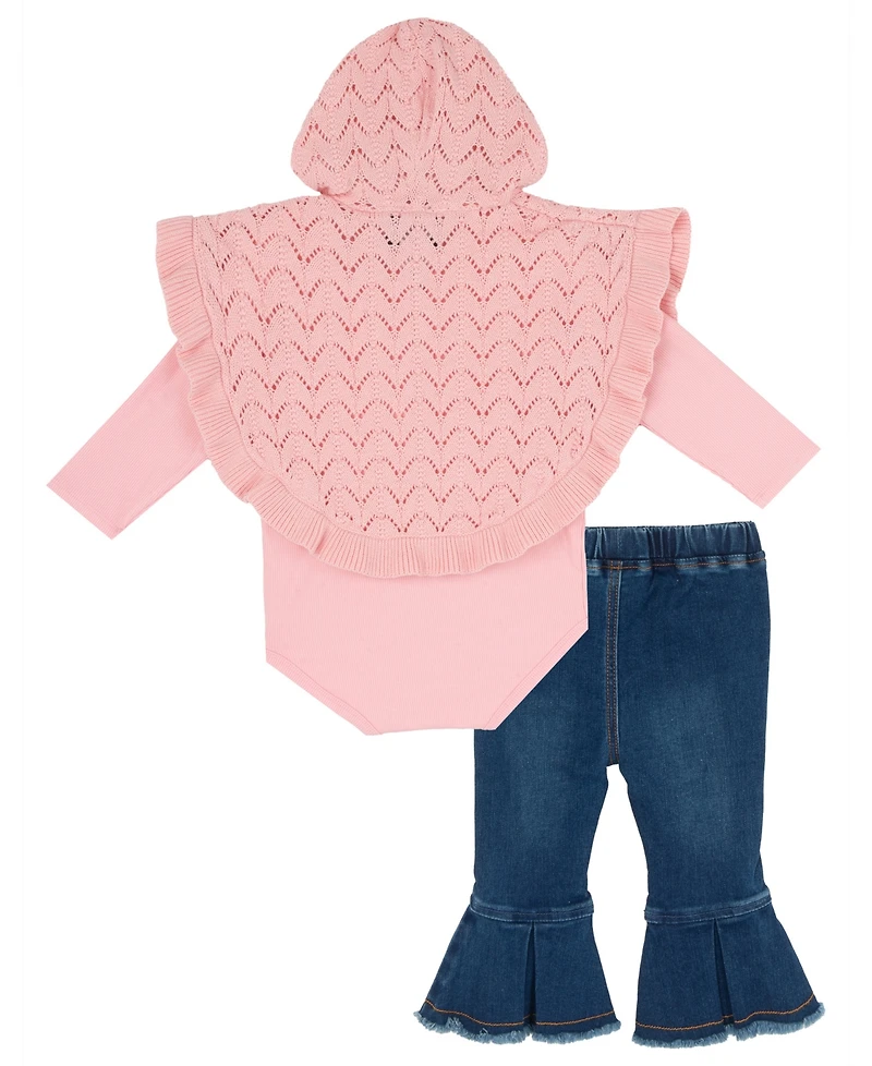 Rare Editions Baby Girls' Pink Poncho Sweater to Denim Pants, 2-Piece Set