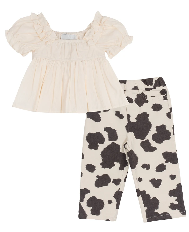 Rare Editions Baby Girls' Ivory Top with Cow Print Pants, 2-Piece Set