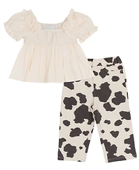 Rare Editions Baby Girls' Ivory Top with Cow Print Pants, 2-Piece Set