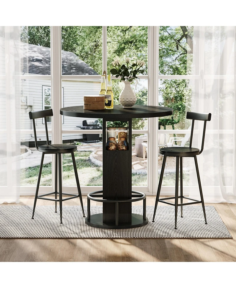 Clihome 3-Piece Bar Table and Stool Set, 31.5-inch Round with Two Stools Compact Wooden Dining