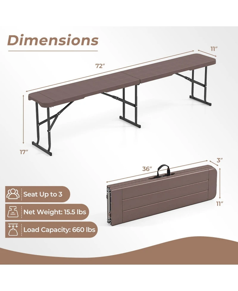 Sugift 6 Feet Plastic Folding Bench Picnic Camping Dining Seat with Carrying Handle