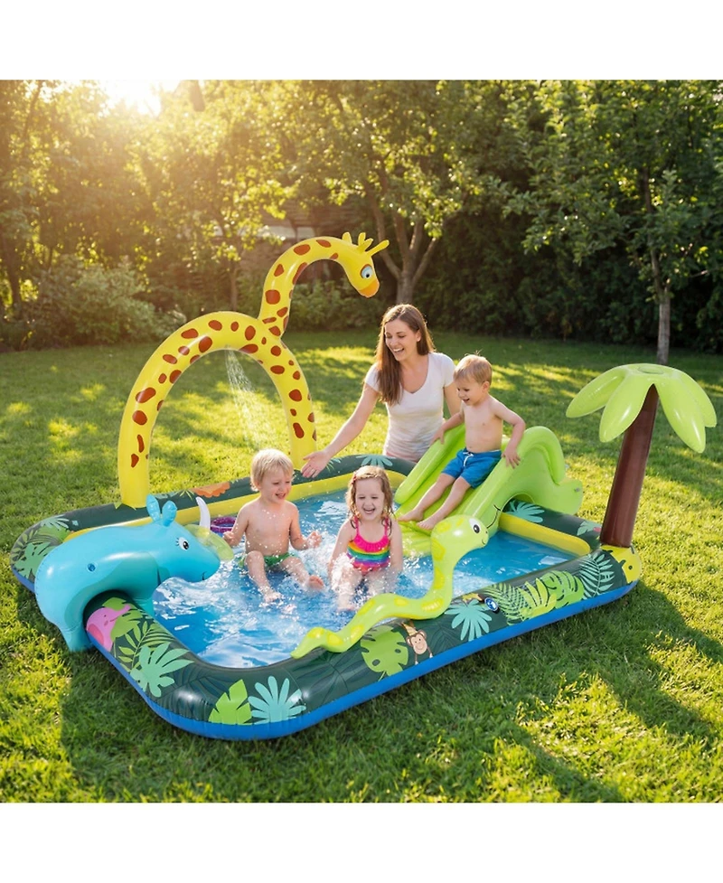 Hongge Jungle Animal Inflatable Spray Pool Play Center with Slide and Sprinkler Ages 2-6