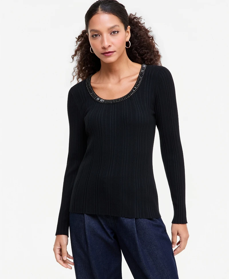 I.n.c. International Concepts Women's Embellished Scoop Neck Ribbed Sweater, Macy's Exclusive