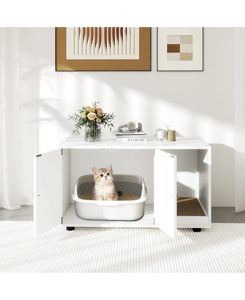 Hongge Wooden Cat Litter Box Furniture with Removable Scratching Board