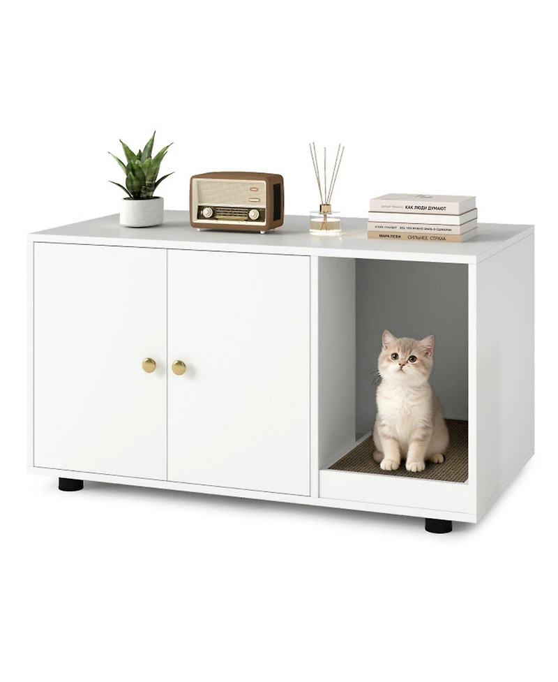 Hongge Wooden Cat Litter Box Furniture with Removable Scratching Board