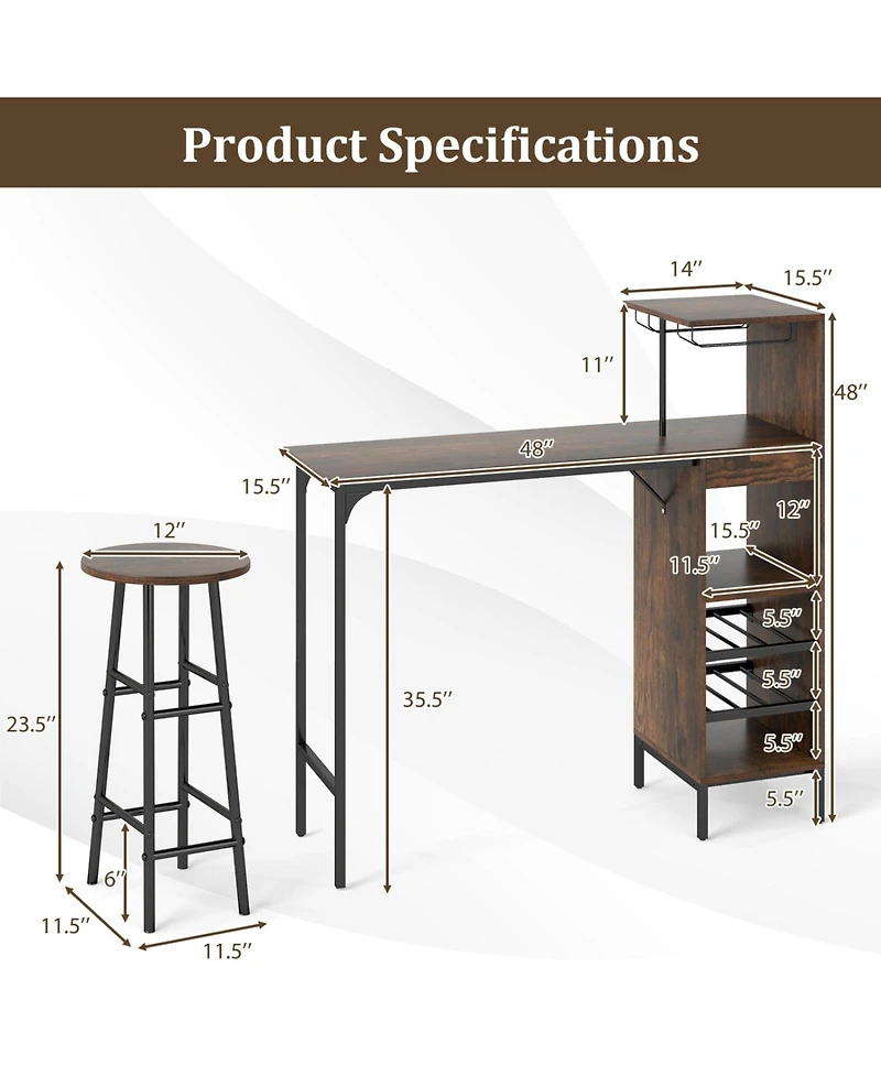 Sugift 3-Piece Bar Table and Chairs Set with 6-Bottle Wine Rack