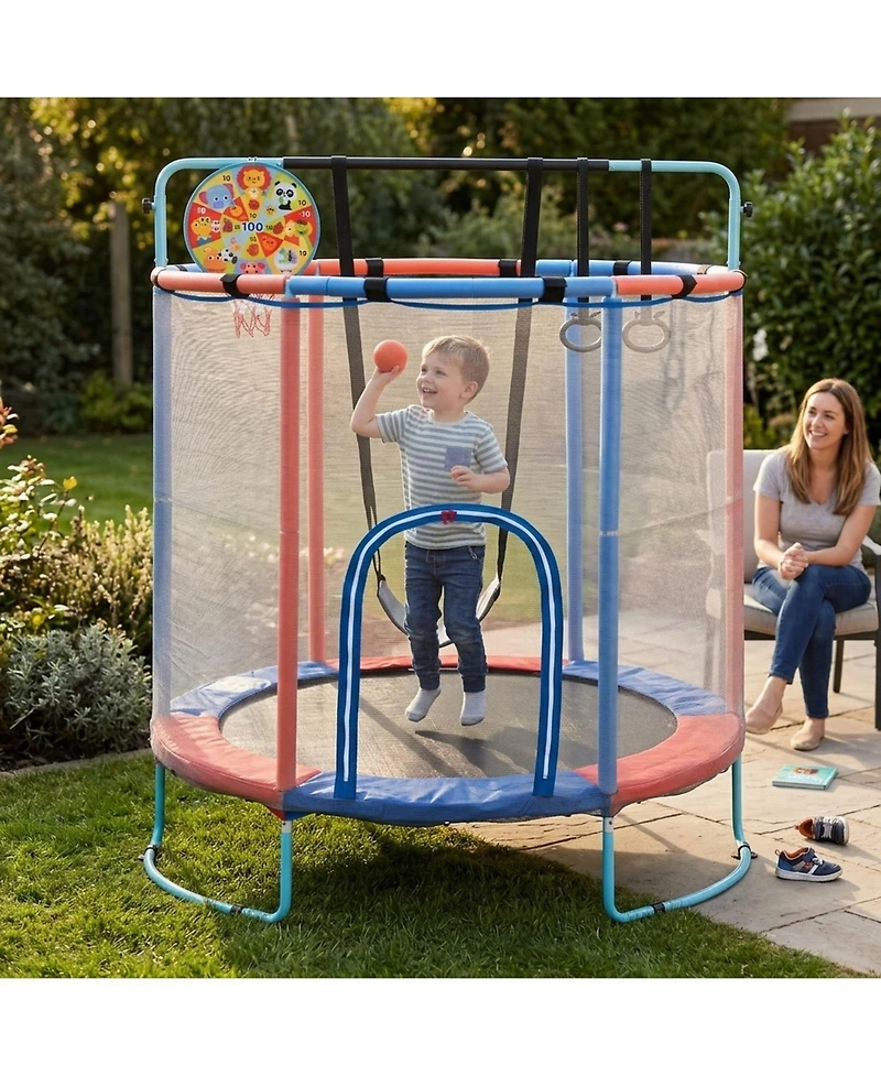 Sugift 55" Kids Trampoline with Adjustable Gymnastics Bar, Basketball Hoop and Swing, Ages 3+