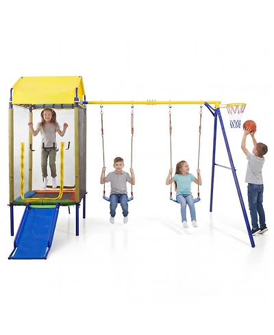 Sugift 5-in-1 Metal Swing Set with Slide, Trampoline & Basketball Hoop, Ages 8+