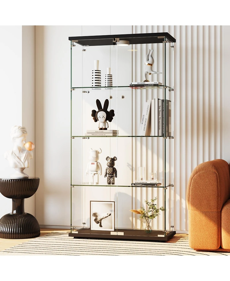 homfan Tempered Glass Display Cabinet, 4 Shelves, Doors, Led Lights and Motion Detector, Curio for Collectibles