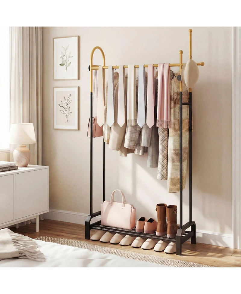 Hongge Freestanding Double Rod Garment Rack with Bottom Shoe Shelf
