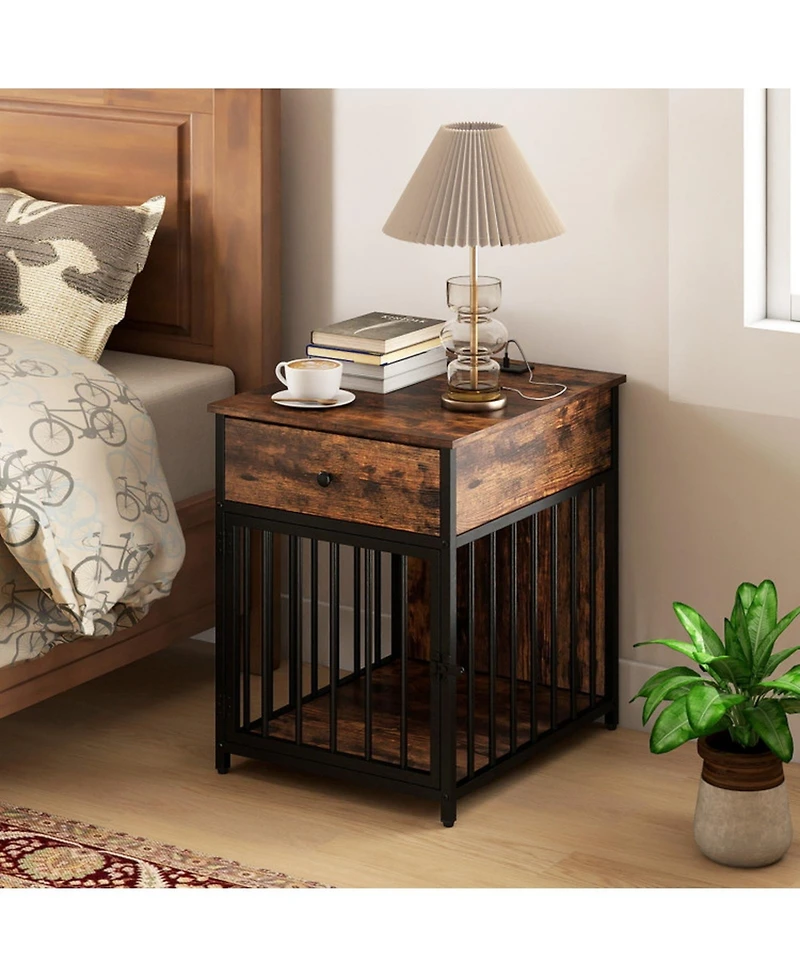Sugift Wooden Dog Crate Furniture for Small Dogs Puppy Kennel with Charging Station and Storage