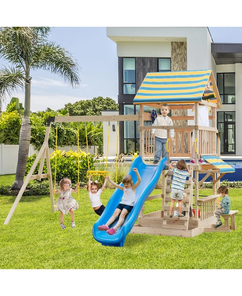 Hongge Wooden Swing Set with Upper Deck Slide and Climbing Wall, 172.5"L x 186"W x 118"H, Accommodates up to 10 Children, Ages 3+