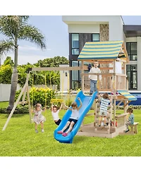 Hongge Wooden Swing Set with Upper Deck Slide and Climbing Wall, 172.5"L x 186"W x 118"H, Accommodates up to 10 Children, Ages 3+